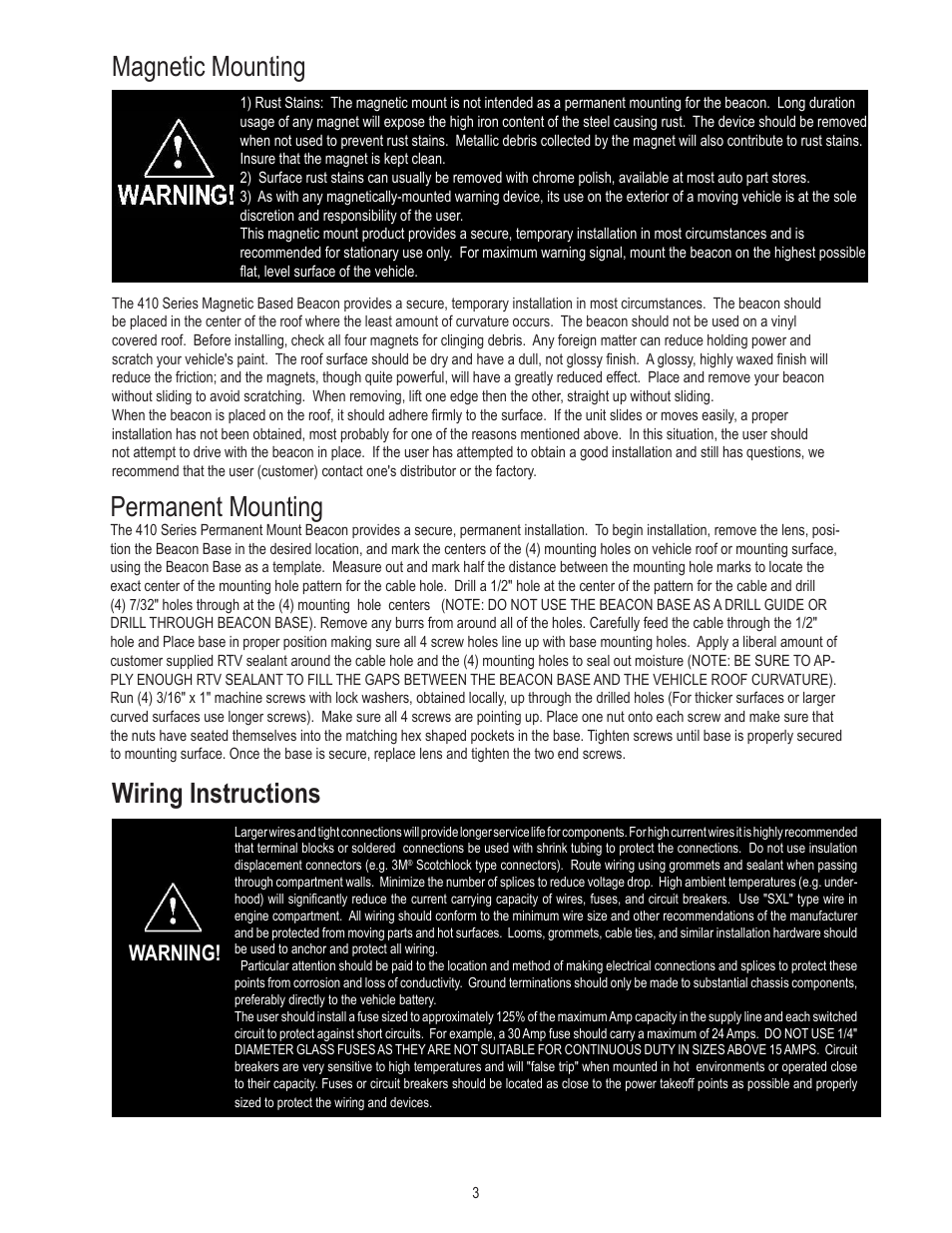 Magnetic mounting, Permanent mounting, Wiring instructions | Warning | Code 3 410 Mini Bar User Manual | Page 3 / 7