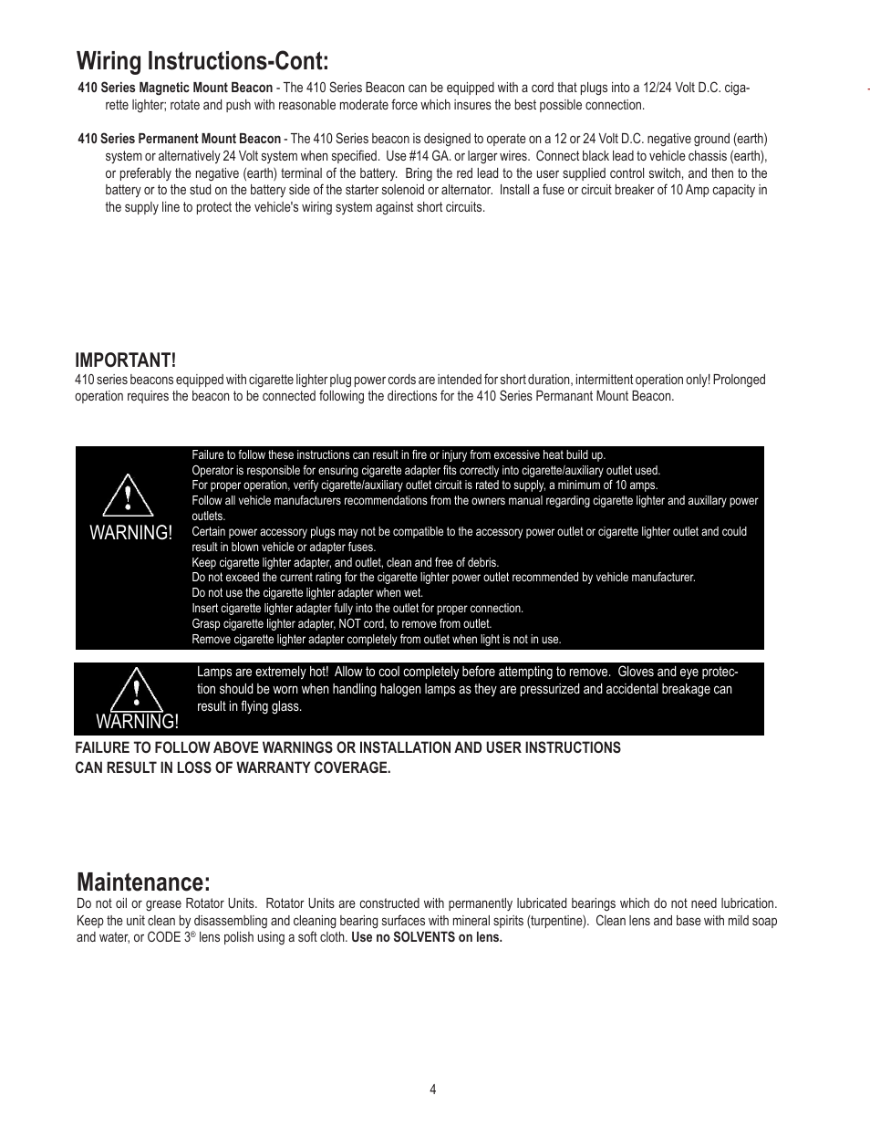 Wiring instructions-cont: maintenance, Warning! important, Warning | Code 3 410 Mini Bar User Manual | Page 4 / 7