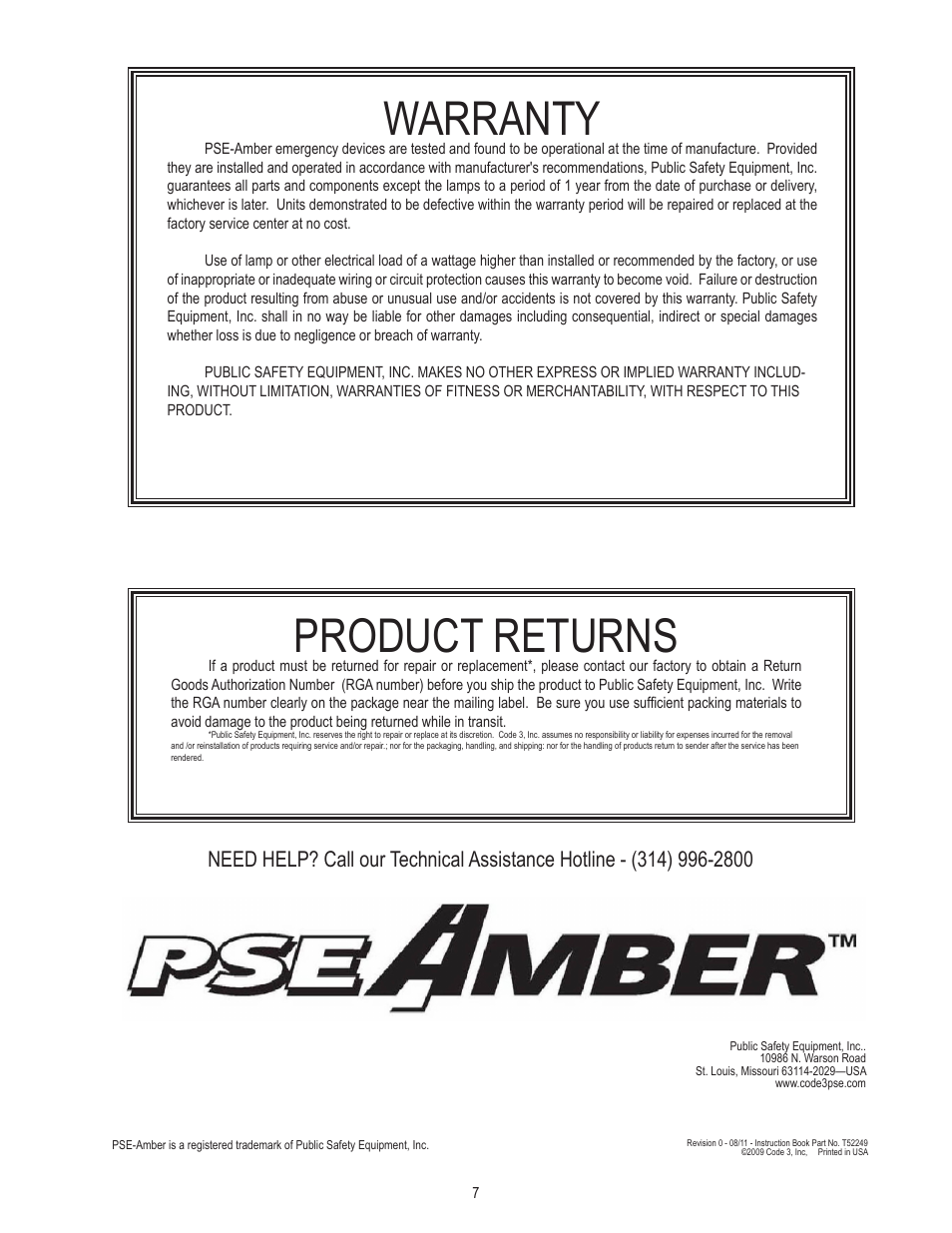 Warranty, Product returns | Code 3 410 Mini Bar User Manual | Page 7 / 7