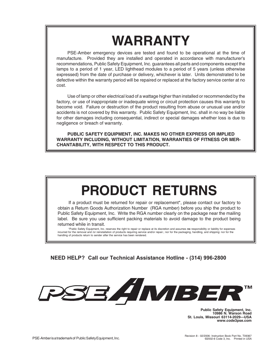 Warranty, Product returns | Code 3 420 Mini Bar Series User Manual | Page 16 / 16