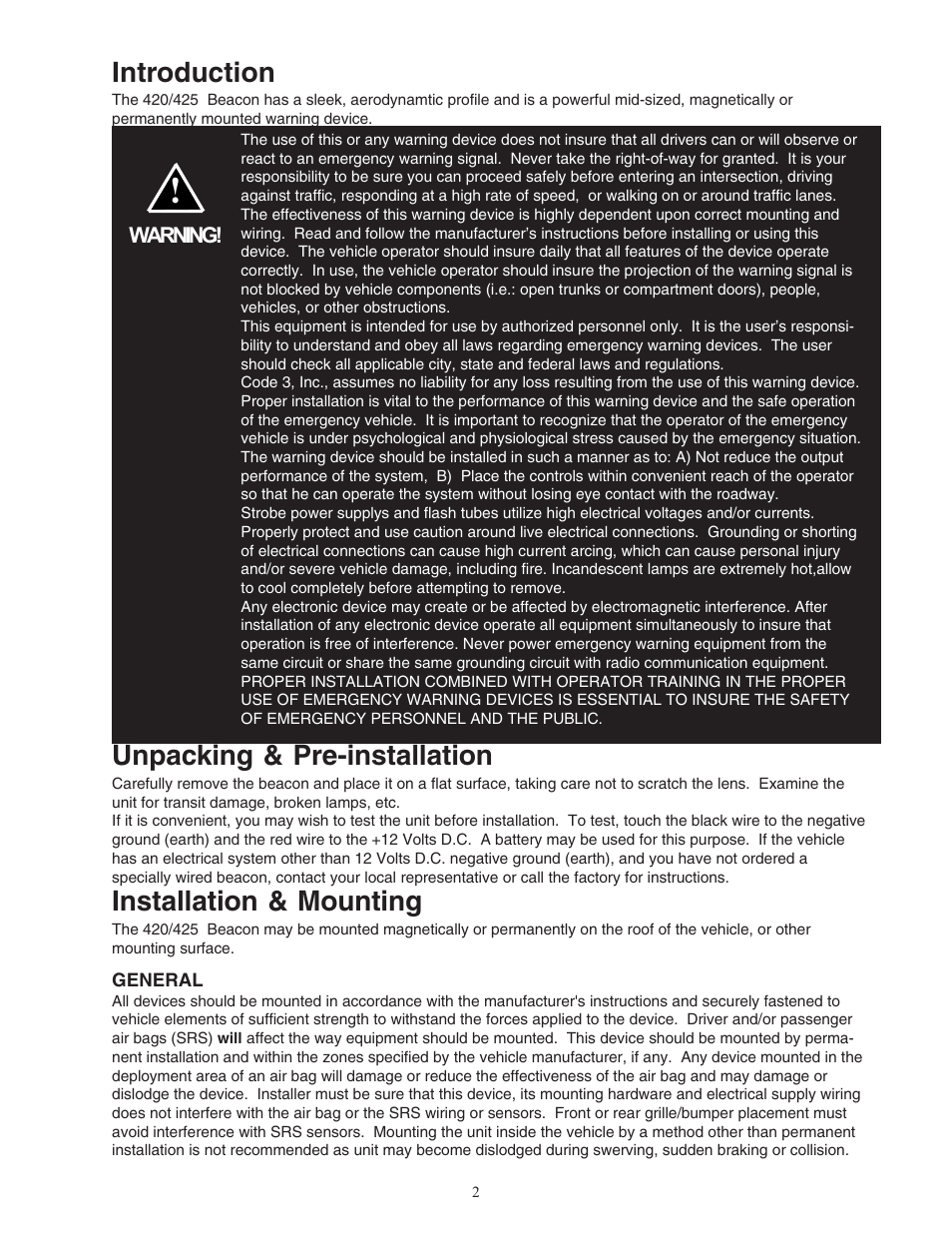 Introduction, Unpacking & pre-installation, Installation & mounting | Code 3 420 Mini Bar Series User Manual | Page 2 / 16