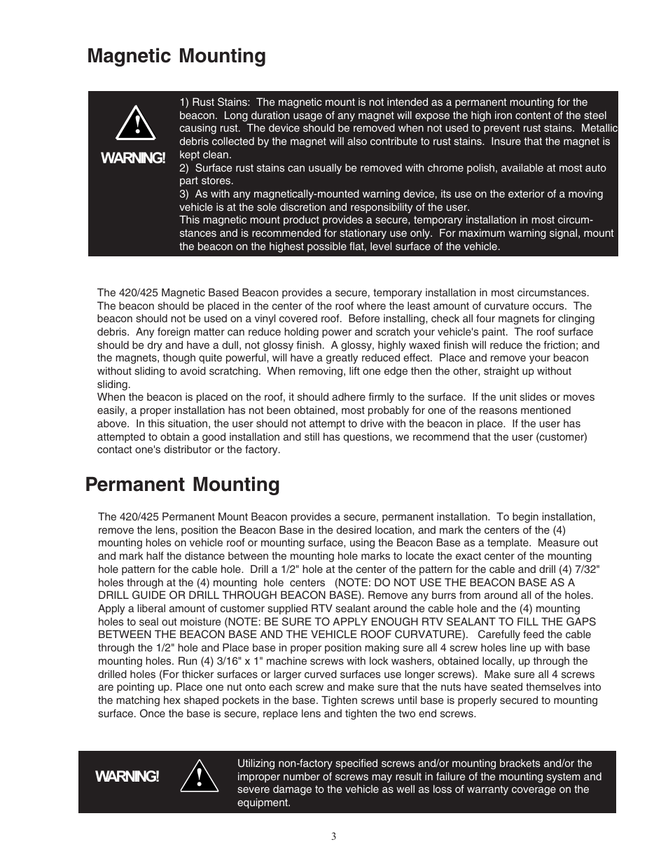 Magnetic mounting, Permanent mounting | Code 3 420 Mini Bar Series User Manual | Page 3 / 16