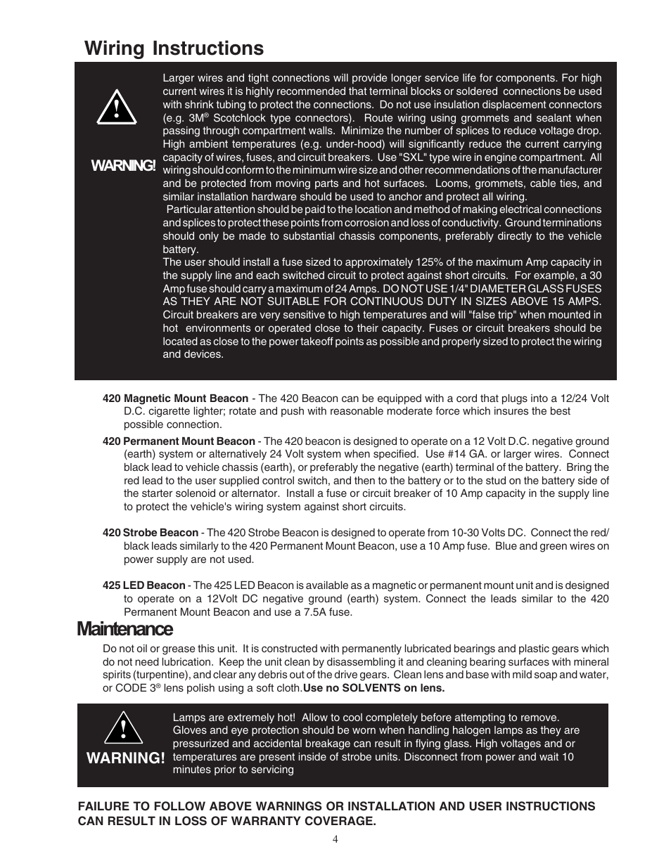 Wiring instructions, Maintenance | Code 3 420 Mini Bar Series User Manual | Page 4 / 16