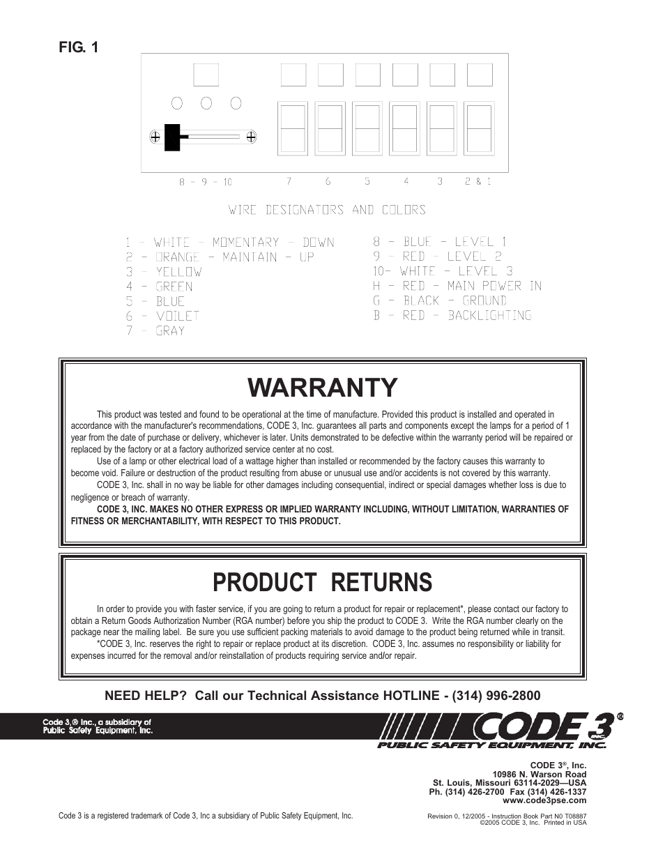 Product returns, Warranty, Fig. 1 | Code 3 RockerPak 440L6 User Manual | Page 2 / 2