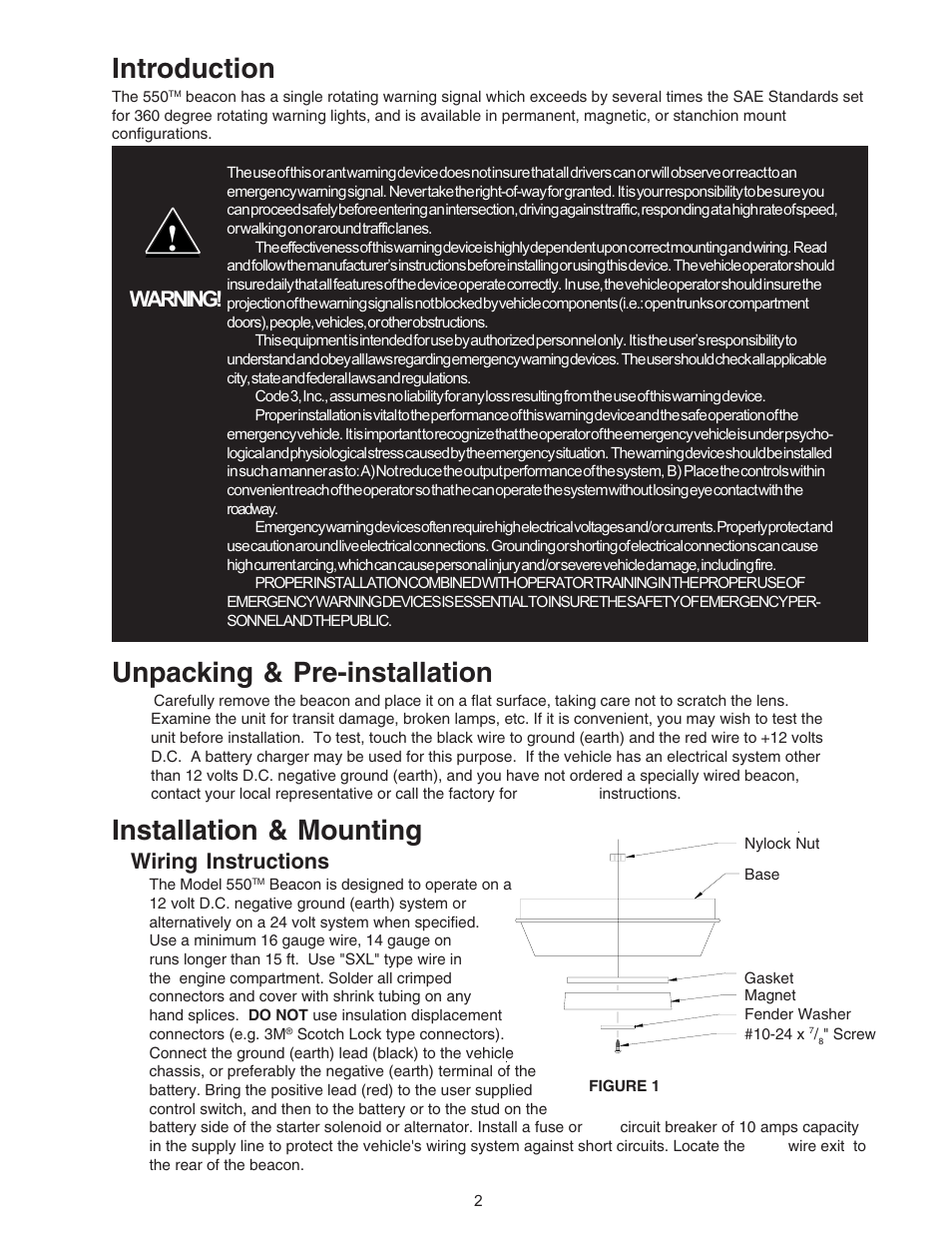 Introduction, Unpacking & pre-installation, Installation & mounting | Warning, Wiring instructions | Code 3 550 Series Beacon User Manual | Page 2 / 8