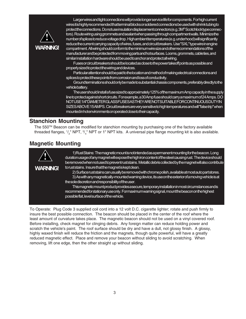 Warning, Stanchion mounting, Magnetic mounting | Code 3 550 Series Beacon User Manual | Page 3 / 8