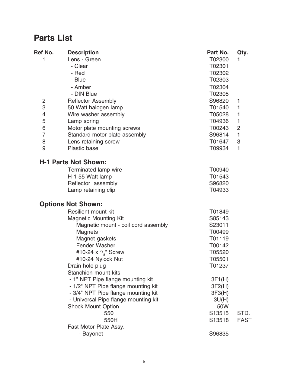 Parts list | Code 3 550 Series Beacon User Manual | Page 6 / 8