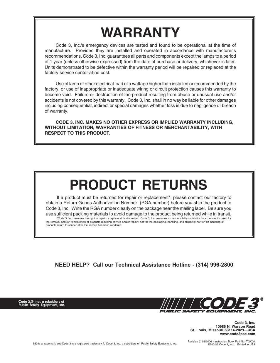 Warranty, Product returns | Code 3 550 Series Beacon User Manual | Page 8 / 8