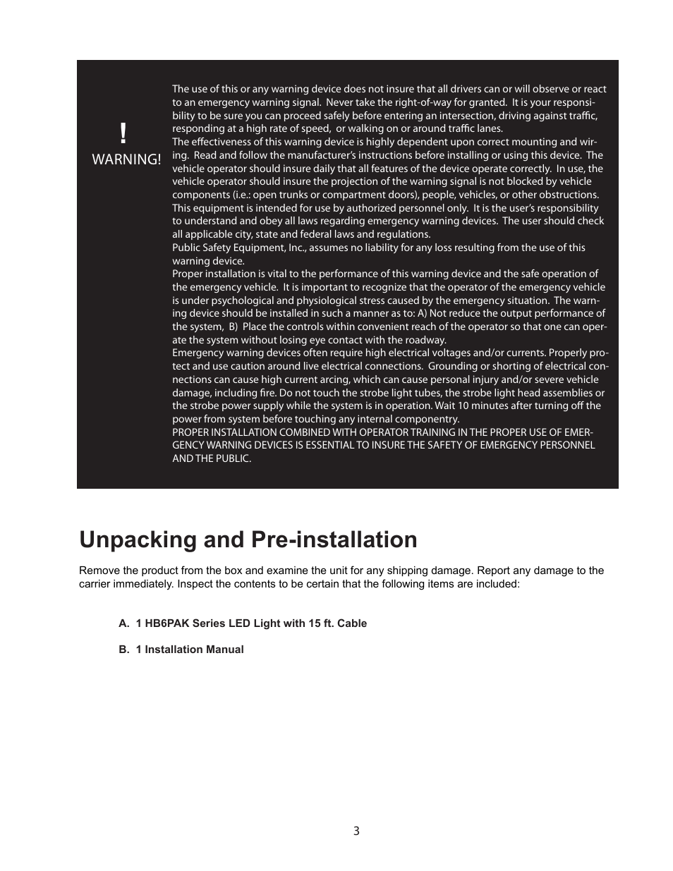 Unpacking and pre-installation, Warning | Code 3 6 Pack LED Hide-A-Blast User Manual | Page 3 / 8