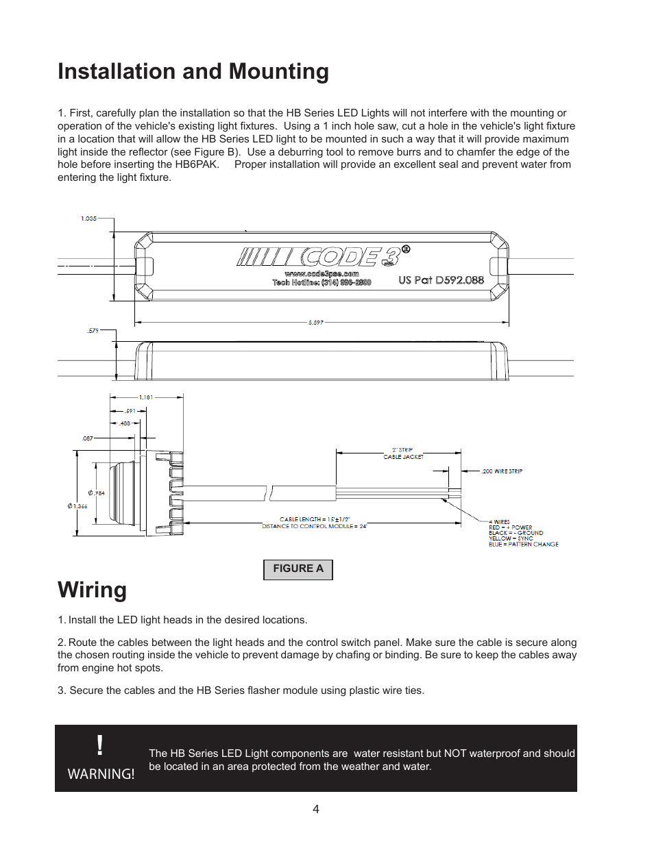 Wiring, Installation and mounting | Code 3 6 Pack LED Hide-A-Blast User Manual | Page 4 / 8