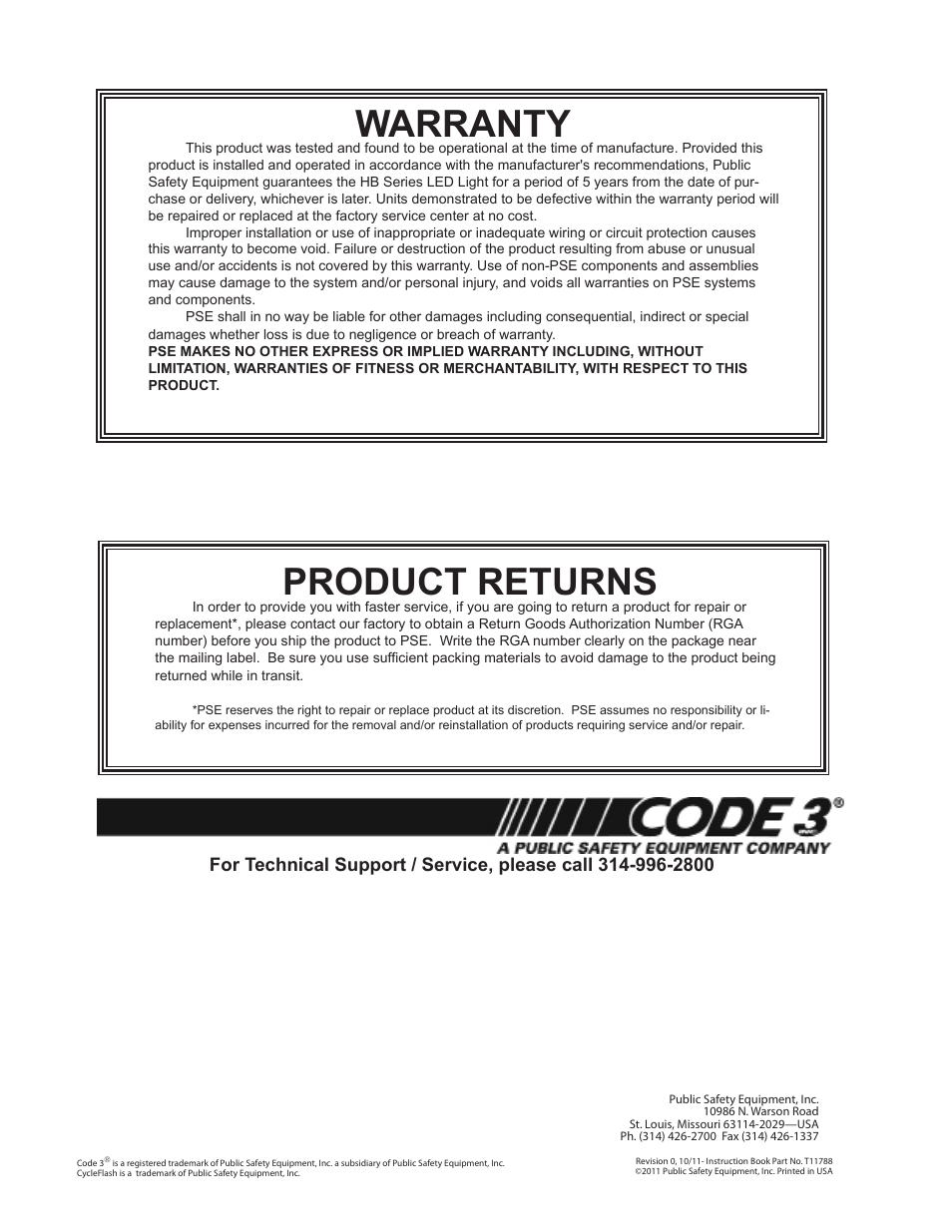 Warranty, Product returns | Code 3 6 Pack LED Hide-A-Blast User Manual | Page 8 / 8