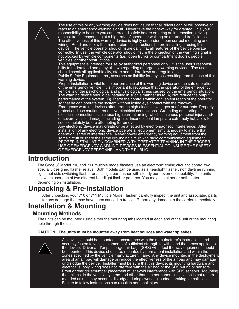 Introduction, Unpacking & pre-installation, Installation & mounting | Code 3 710 and 711 Flashers User Manual | Page 2 / 7