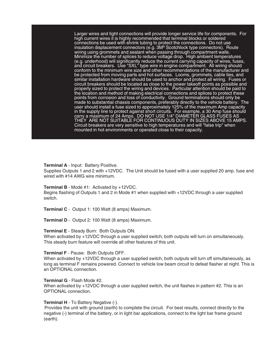 Warning, Terminal functions | Code 3 710 and 711 Flashers User Manual | Page 3 / 7