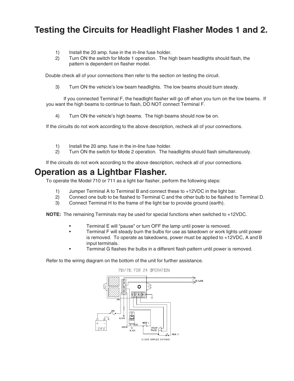 Operation as a lightbar flasher, Mode 1 test, Mode 2 test | Code 3 710 and 711 Flashers User Manual | Page 5 / 7