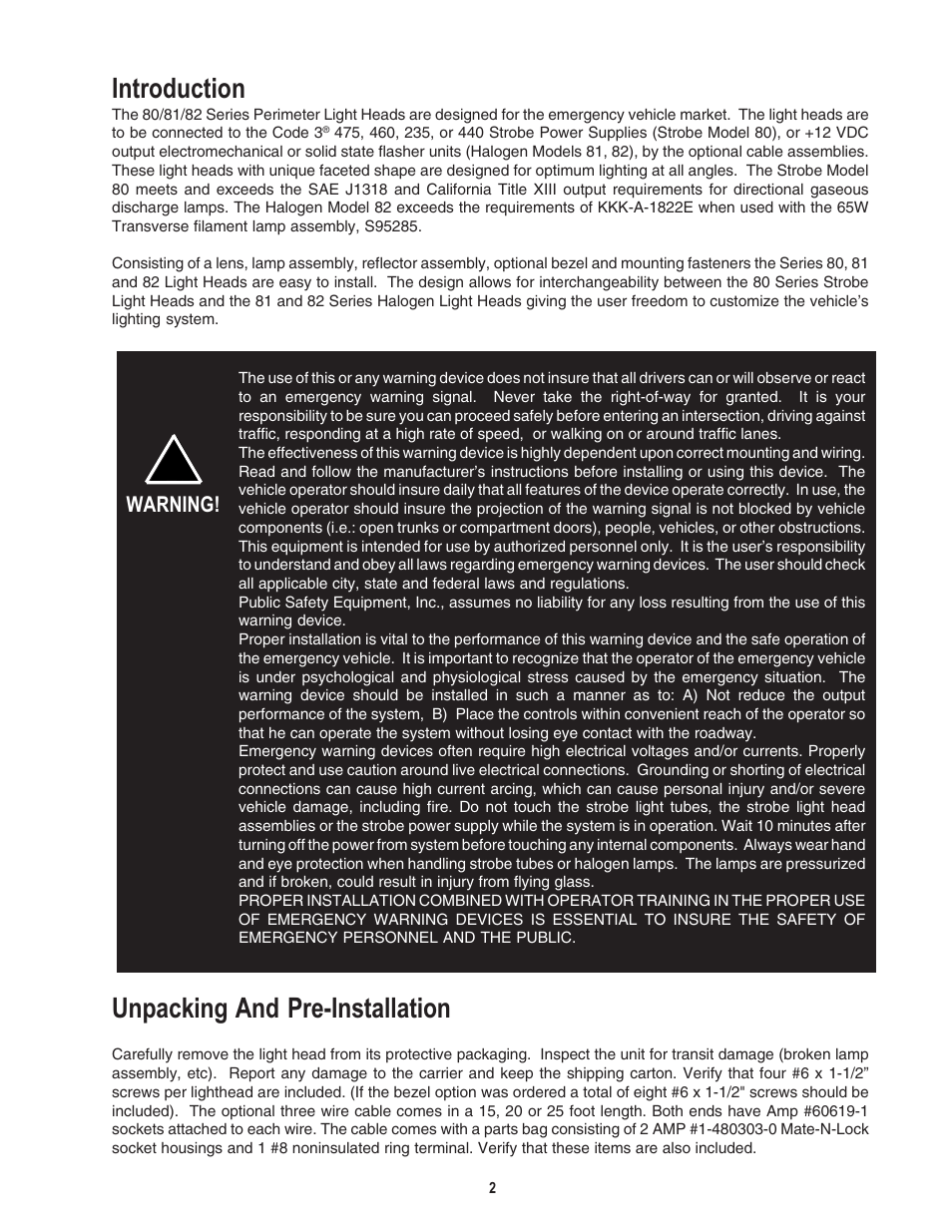 Introduction, Unpacking and pre-installation | Code 3 80 Series Perimeter Lights User Manual | Page 2 / 10