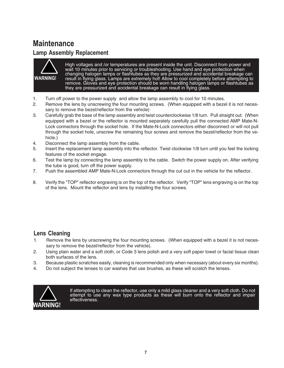 Maintenance, Lamp assembly replacement, Lens cleaning | Warning | Code 3 80 Series Perimeter Lights User Manual | Page 7 / 10