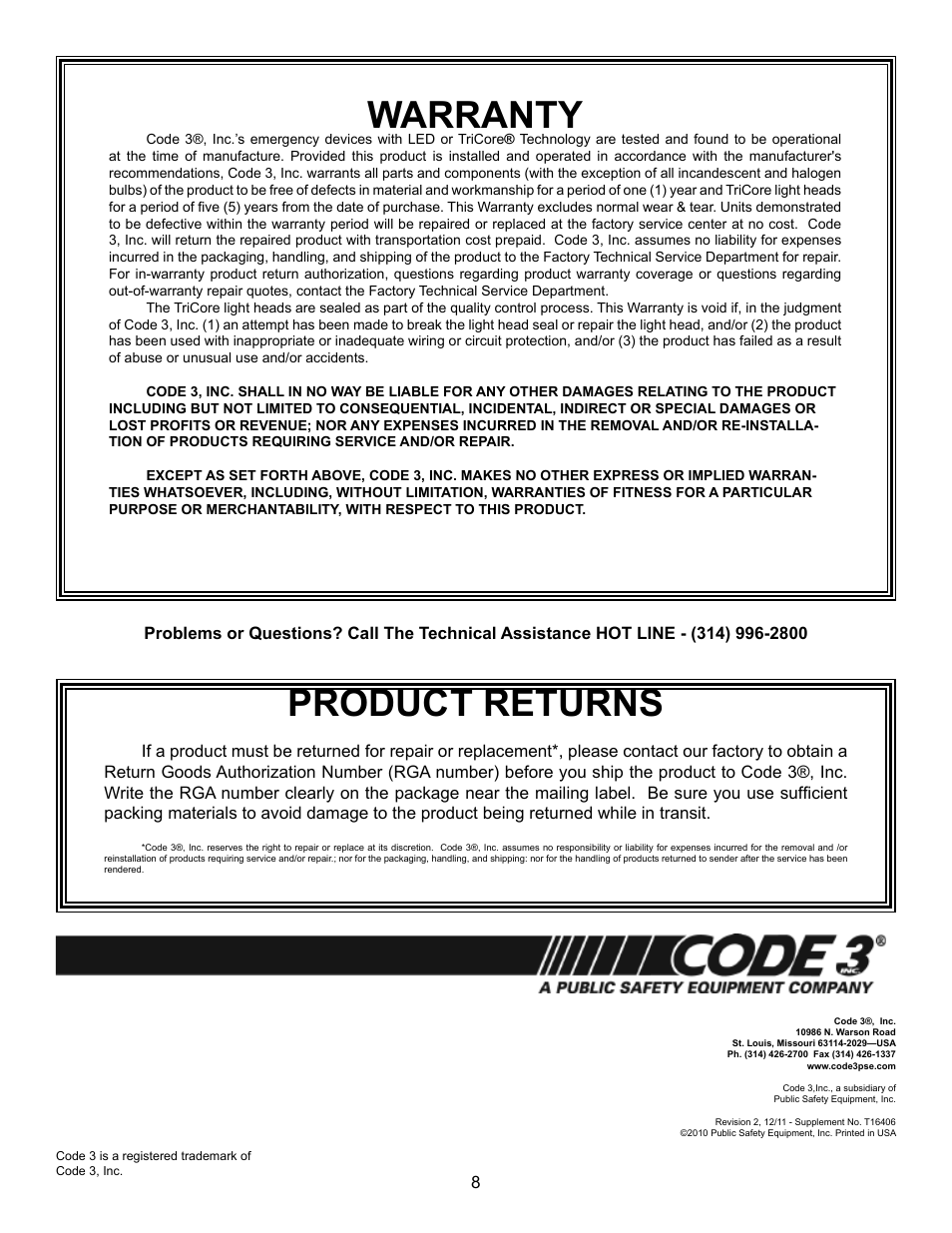 Product returns, Warranty | Code 3 800 Series Software User Manual | Page 8 / 8