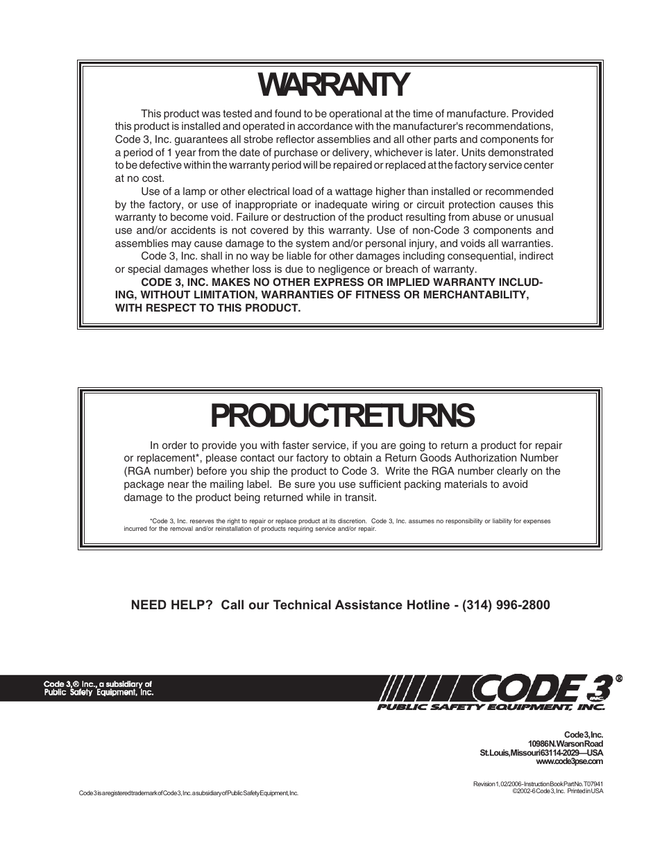 Warranty, Product returns | Code 3 87, 88, 89 Series Perimeter Lights User Manual | Page 12 / 12