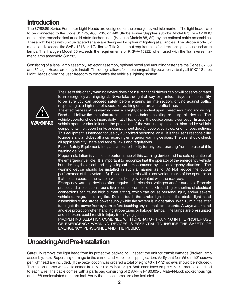 Introduction, Unpacking and pre-installation | Code 3 87, 88, 89 Series Perimeter Lights User Manual | Page 2 / 12