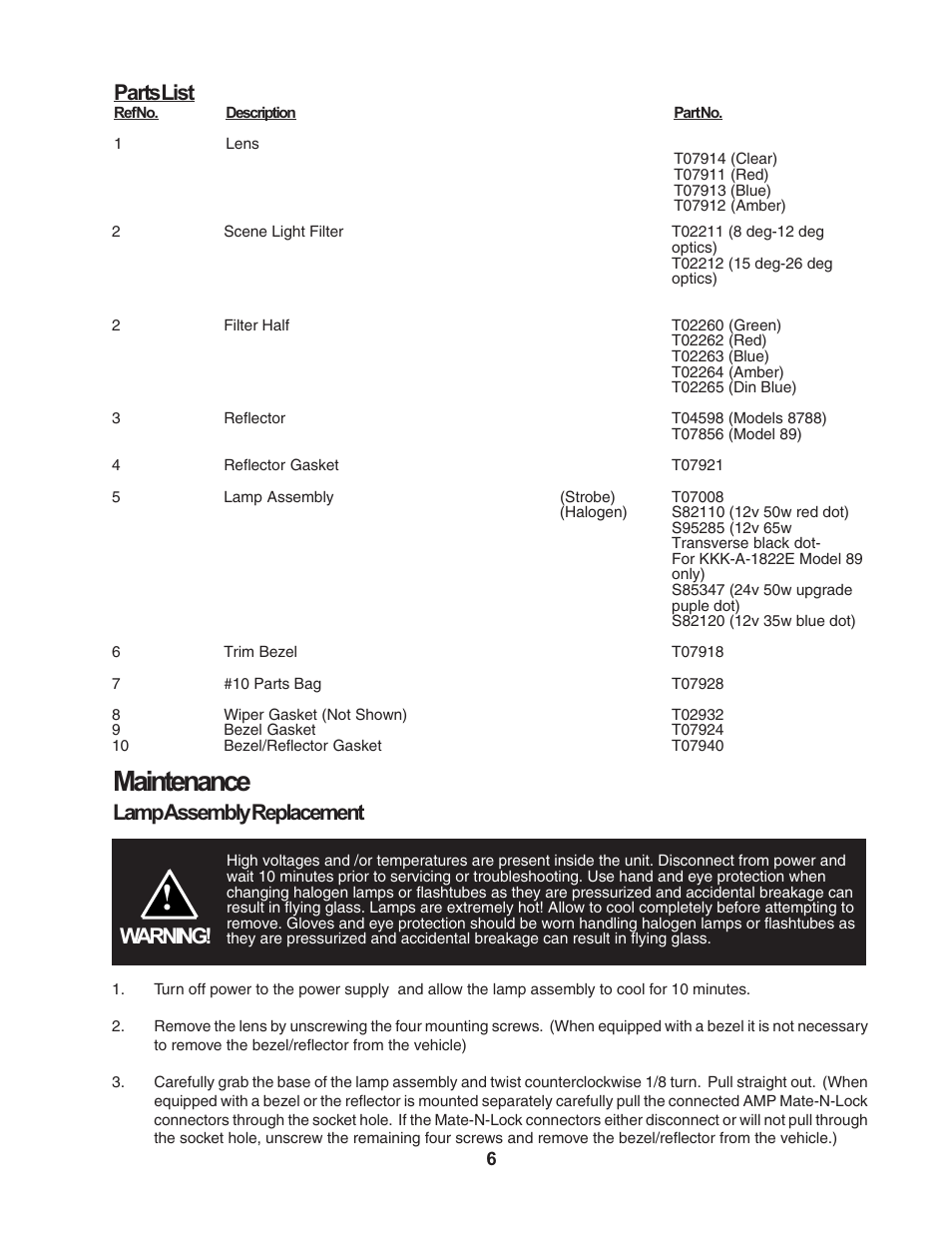 Maintenance, Lamp assembly replacement, Warning | Parts list | Code 3 87, 88, 89 Series Perimeter Lights User Manual | Page 6 / 12