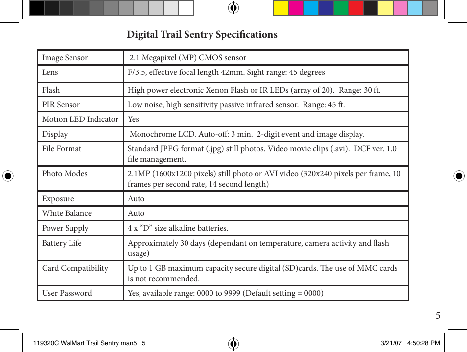 5digital trail sentry specifications | Bushnell 11-9320C User Manual | Page 5 / 16