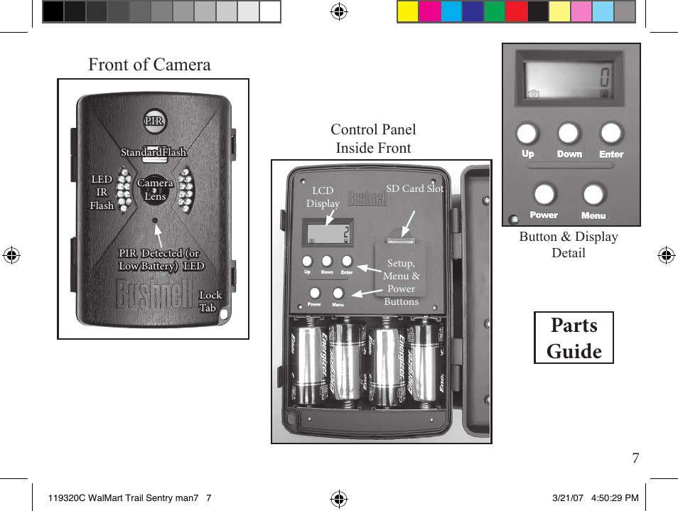 Parts guide, Front of camera, Control panel inside front | Bushnell 11-9320C User Manual | Page 7 / 16
