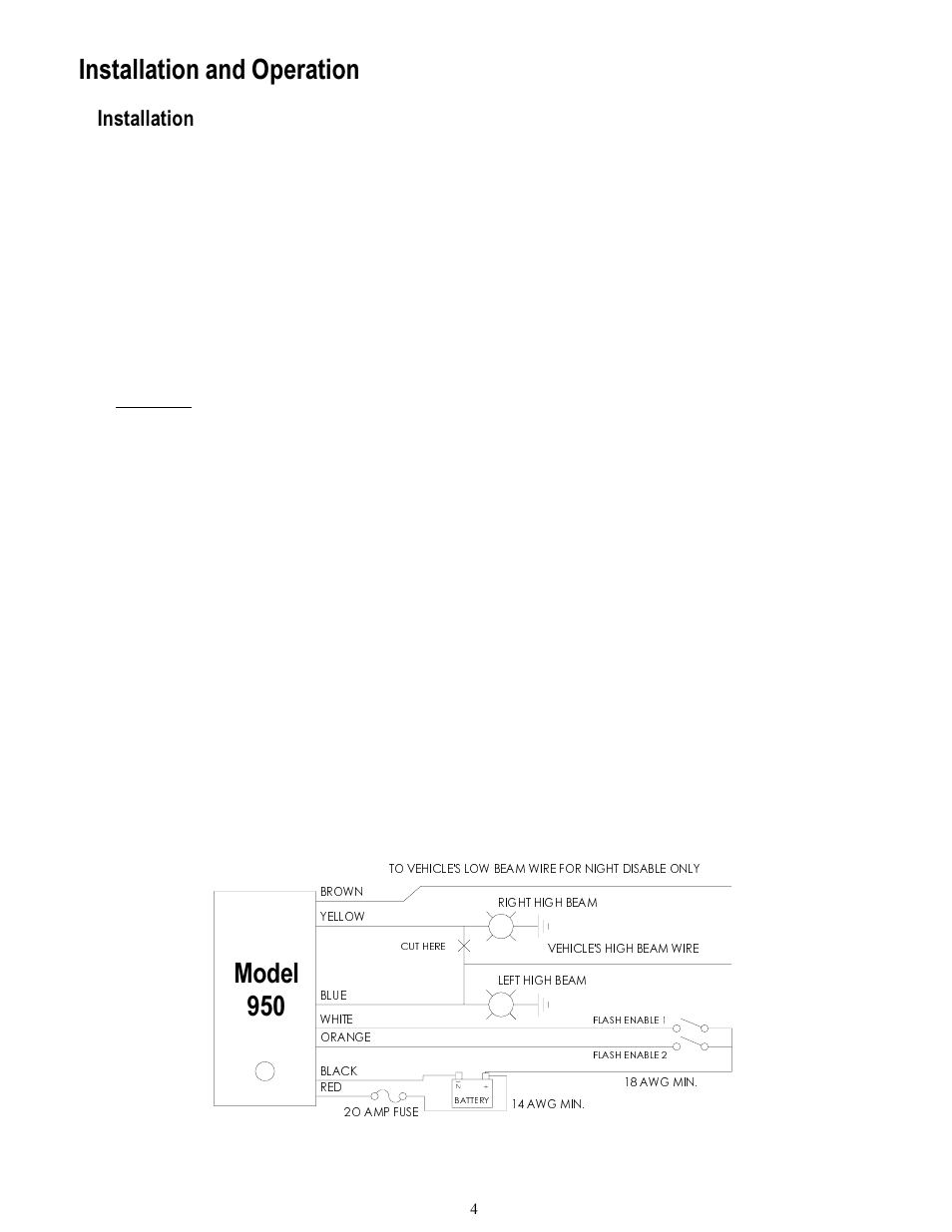 Installation and operation, Model 950, Installation | Code 3 950 and 960 Flashers User Manual | Page 4 / 8