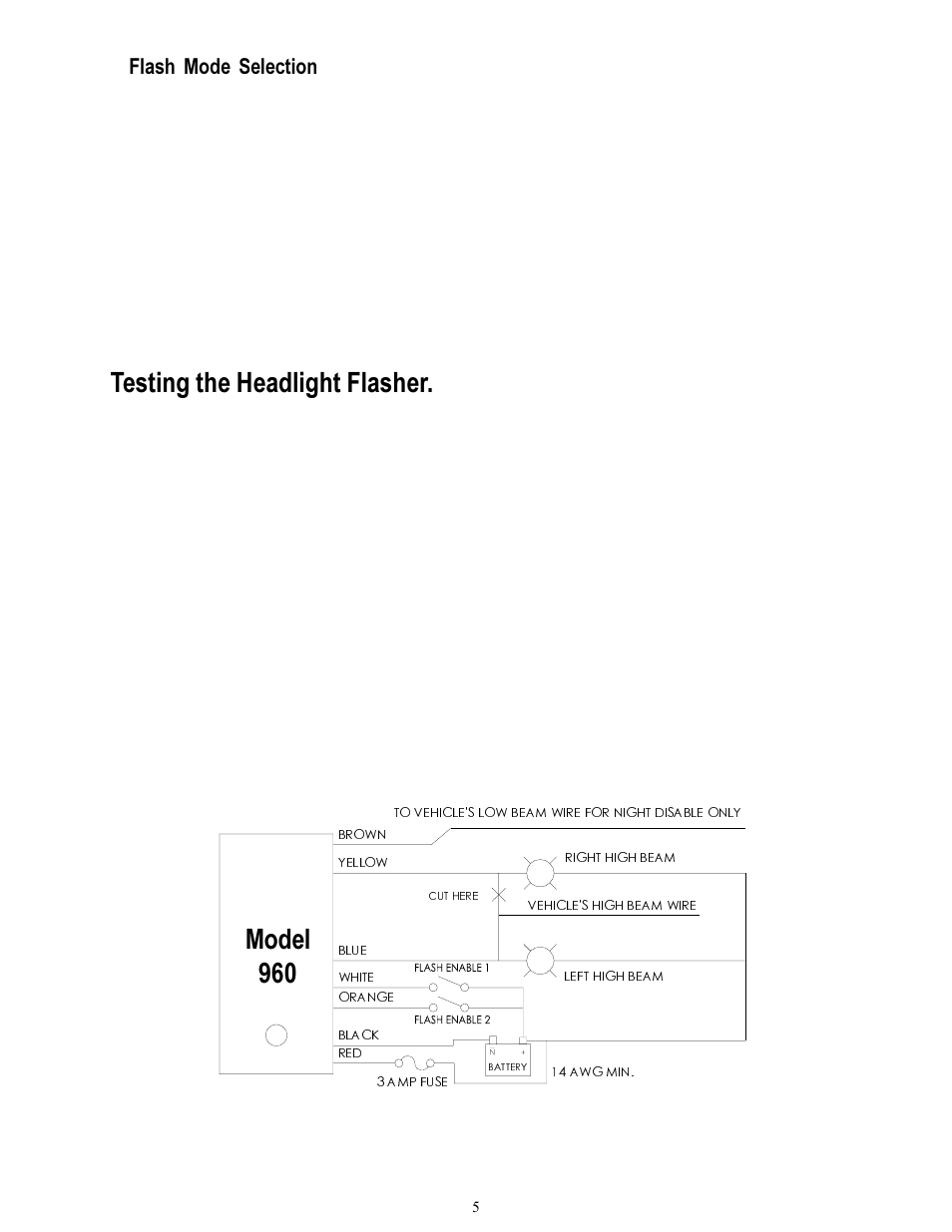 Testing the headlight flasher, Model 960, Flash mode selection | Code 3 950 and 960 Flashers User Manual | Page 5 / 8