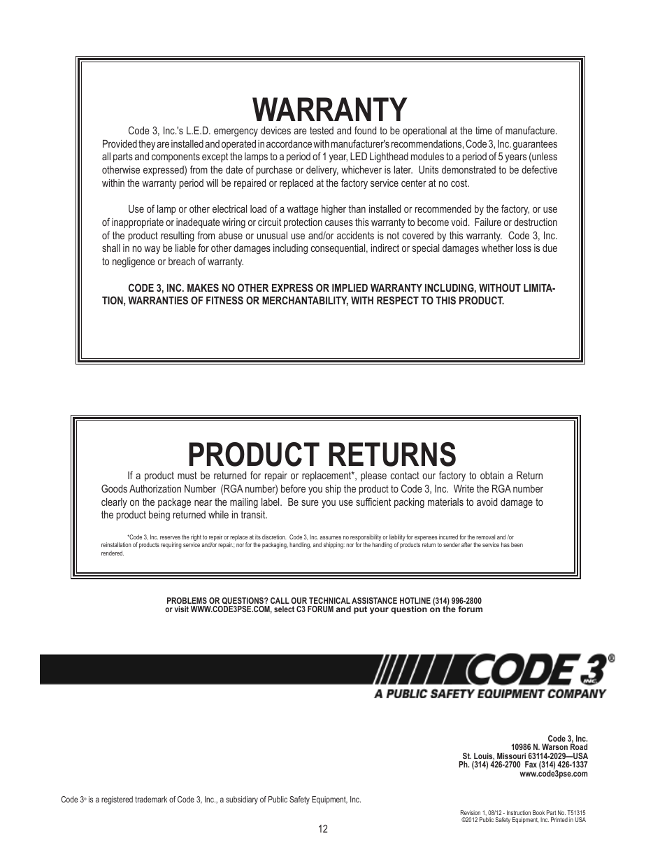 Product returns, Warranty | Code 3 Arch Beacon User Manual | Page 12 / 12