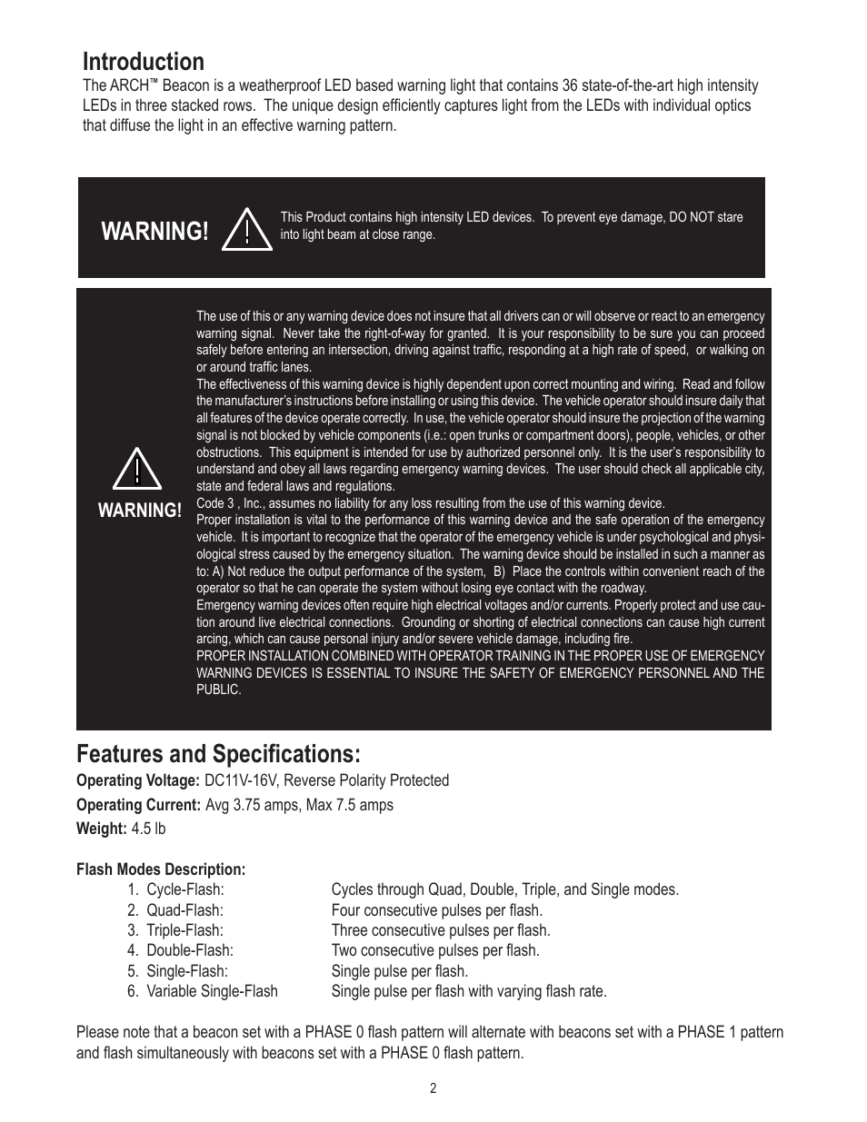 Features and specifications, Introduction, Warning | Code 3 Arch Beacon User Manual | Page 2 / 12