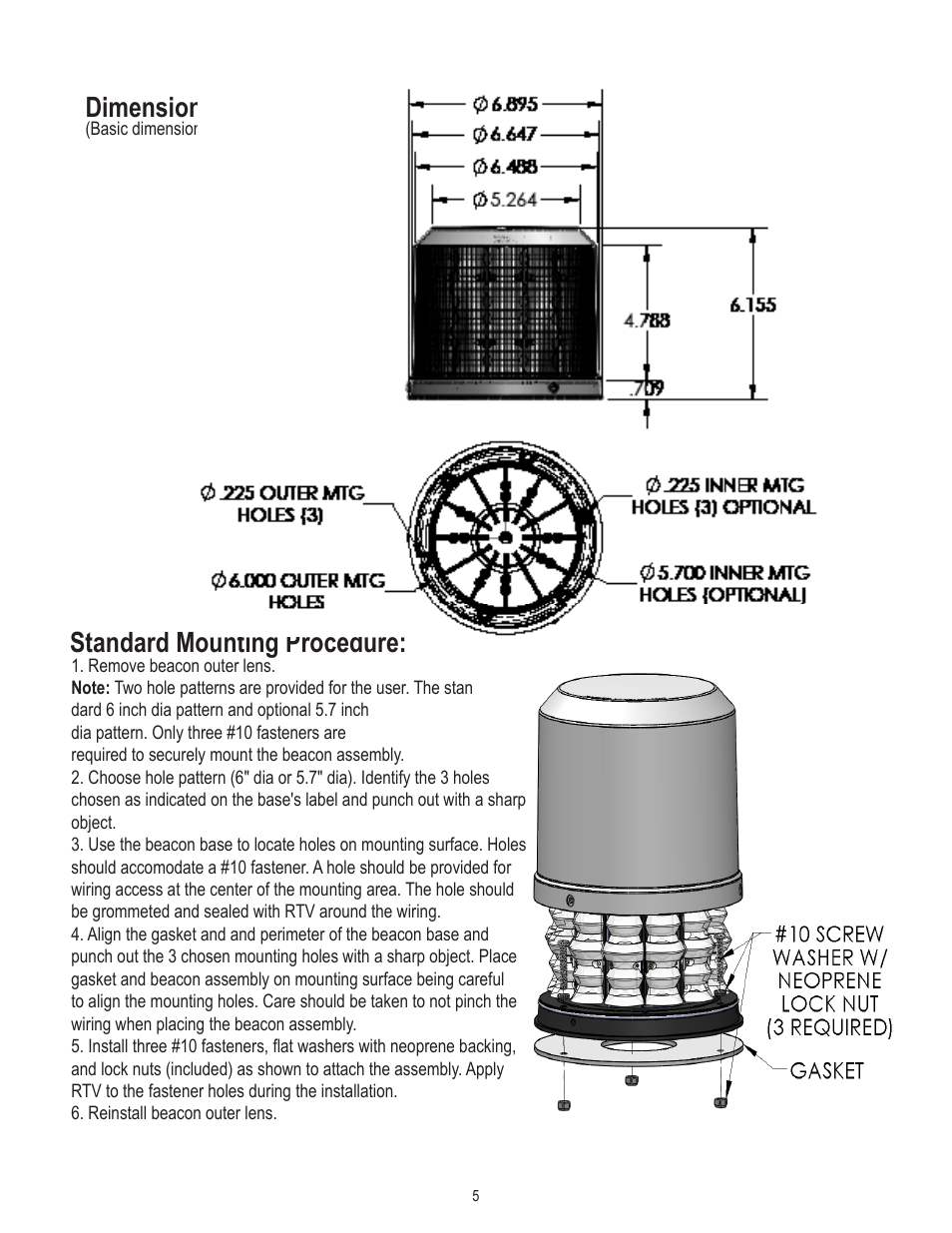 Dimensions, Standard mounting procedure | Code 3 Arch Beacon User Manual | Page 5 / 12