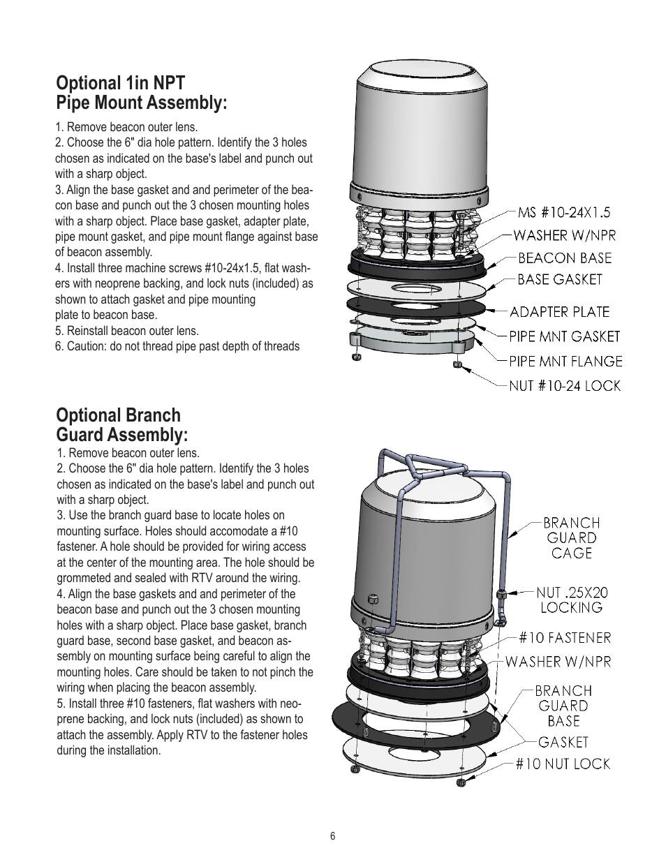 Optional 1in npt pipe mount assembly, Optional branch guard assembly | Code 3 Arch Beacon User Manual | Page 6 / 12