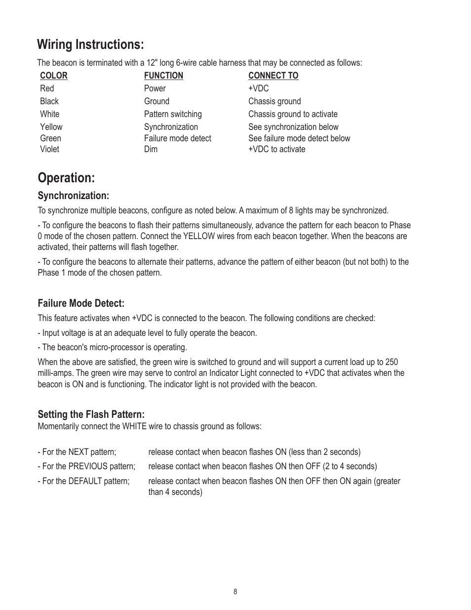 Wiring instructions, Operation | Code 3 Arch Beacon User Manual | Page 8 / 12