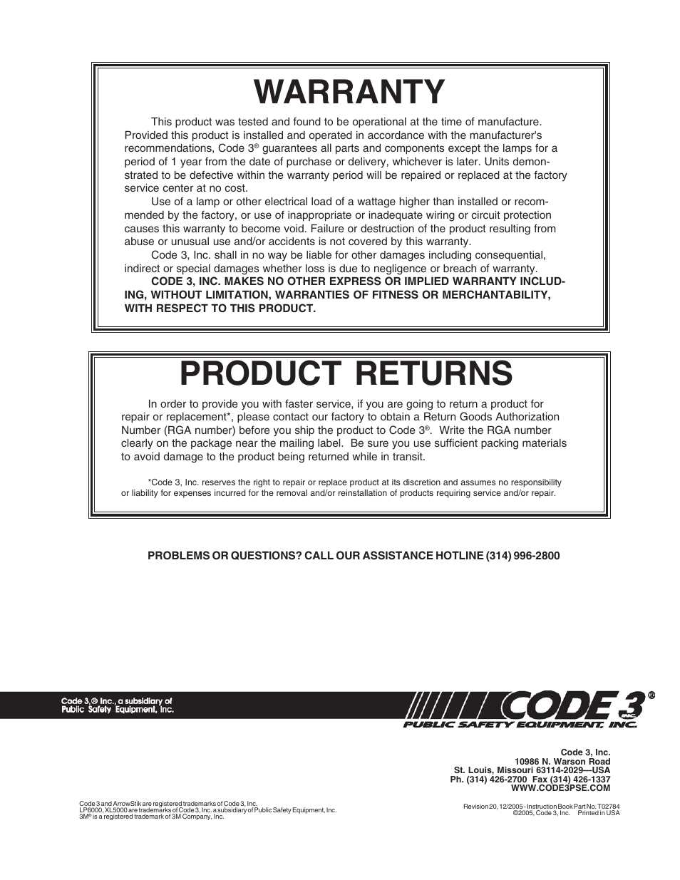 Warranty, Product returns | Code 3 ArrowStik User Manual | Page 12 / 12