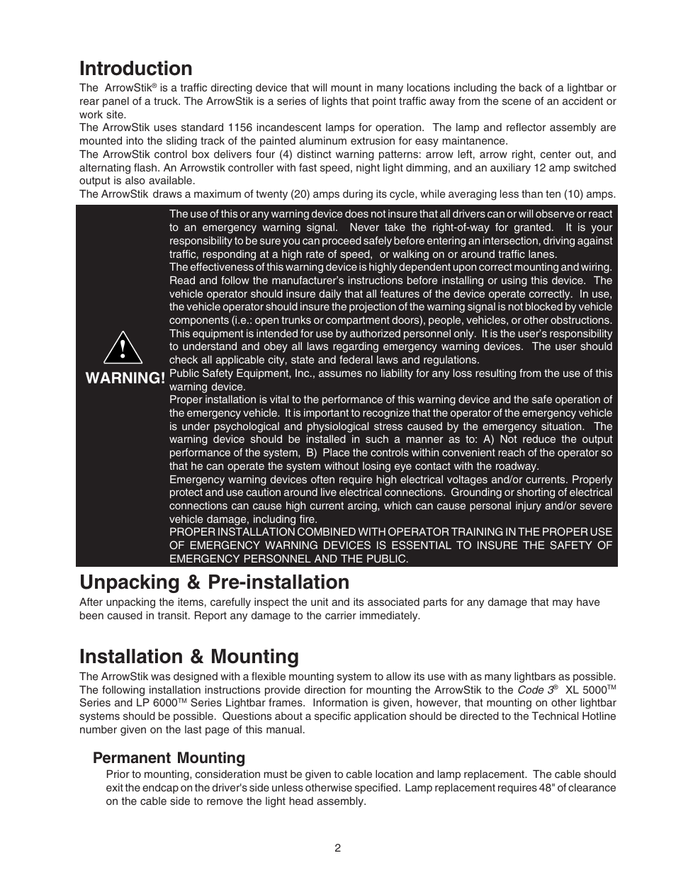 Introduction, Unpacking & pre-installation, Installation & mounting | Permanent mounting, Warning | Code 3 ArrowStik User Manual | Page 2 / 12