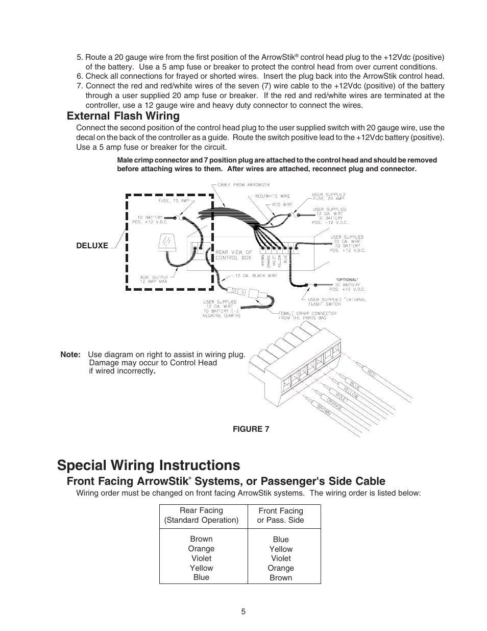 Special wiring instructions, External flash wiring, Front facing arrowstik | Systems, or passenger's side cable | Code 3 ArrowStik User Manual | Page 5 / 12