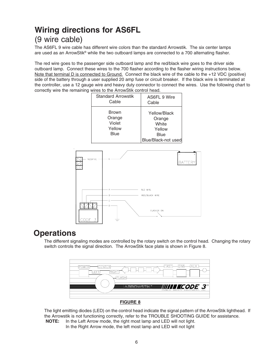 Wiring directions for as6fl (9 wire cable), Operations | Code 3 ArrowStik User Manual | Page 6 / 12