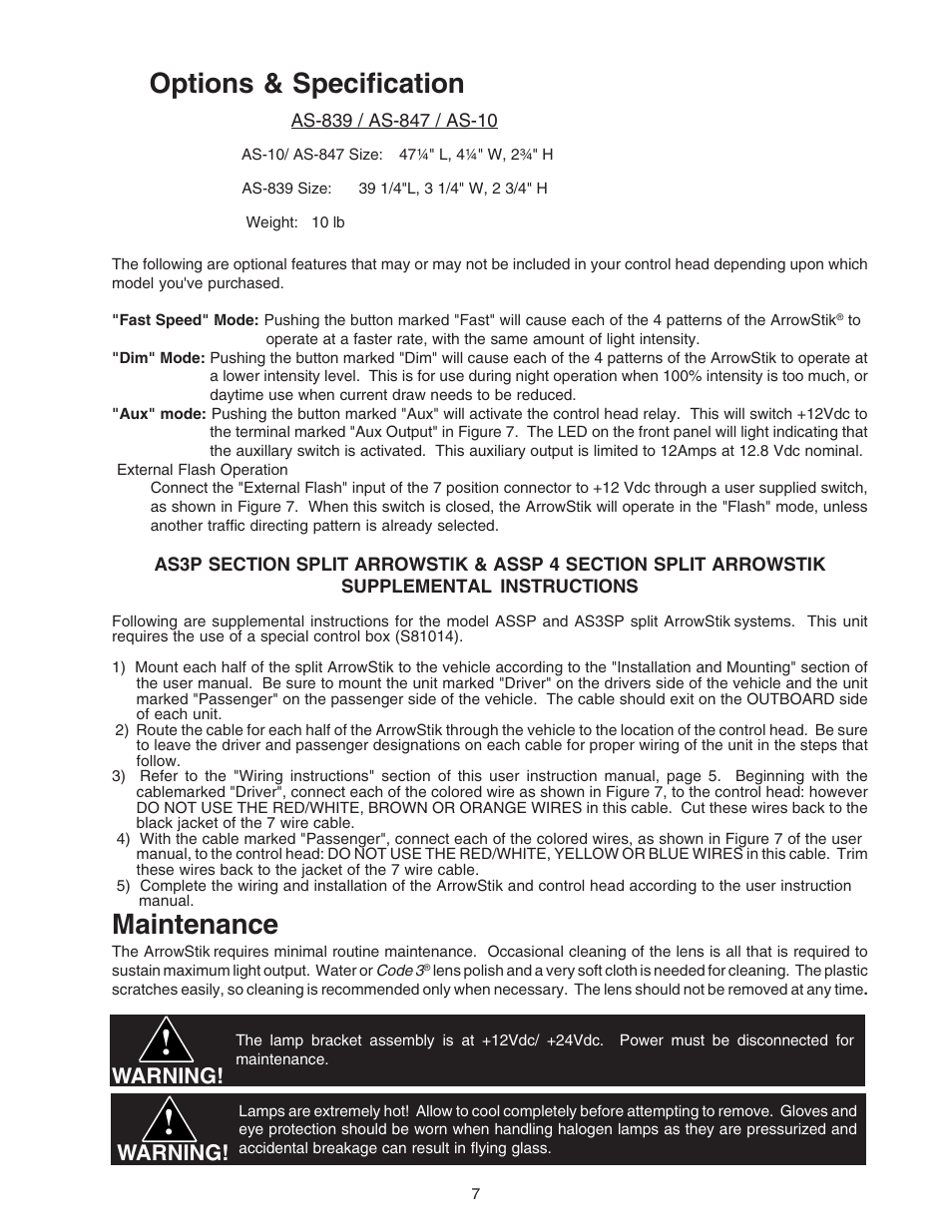 Options & specification, Maintenance, Warning | Code 3 ArrowStik User Manual | Page 7 / 12