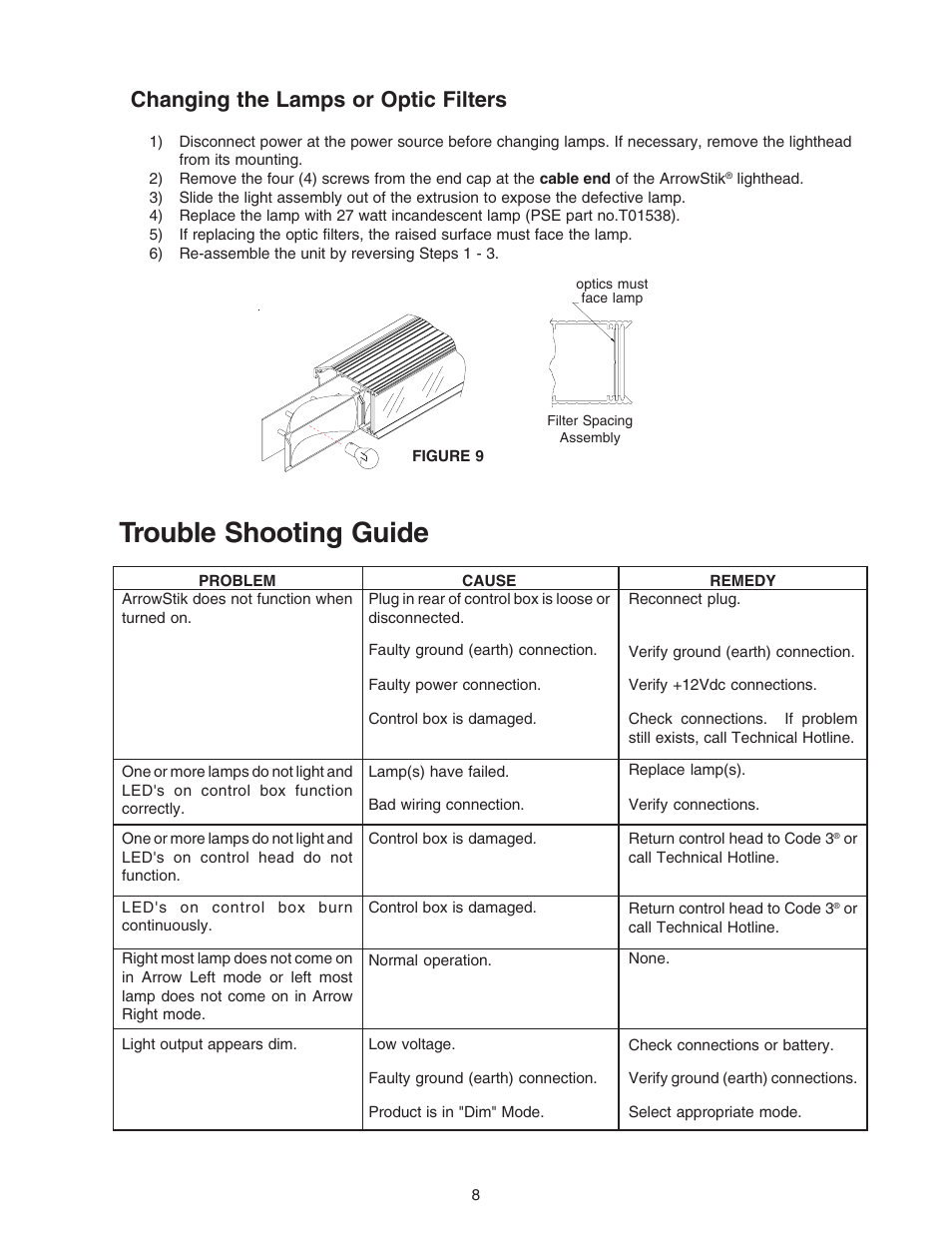 Trouble shooting guide, Changing the lamps or optic filters | Code 3 ArrowStik User Manual | Page 8 / 12