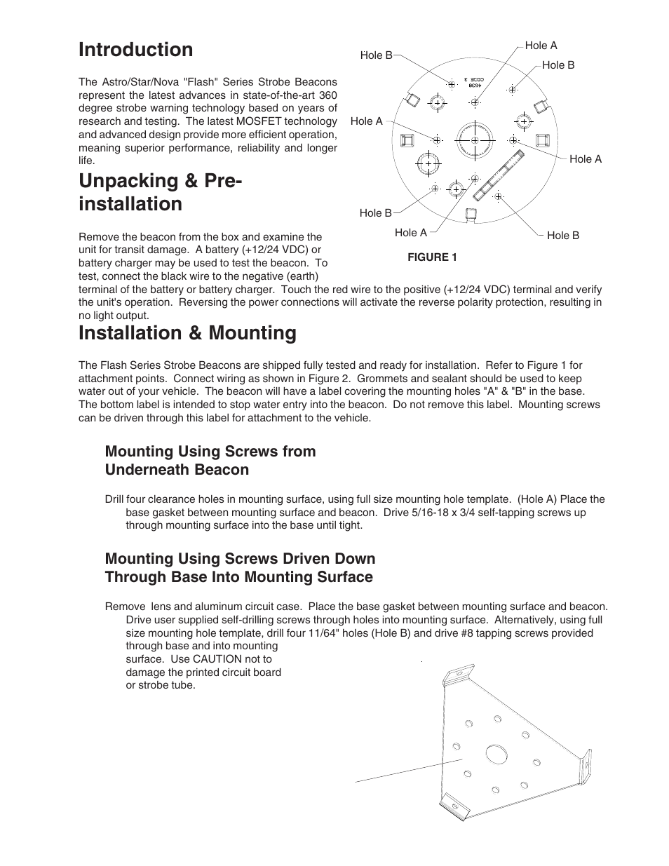 Introduction, Unpacking & pre- installation, Installation & mounting | Mounting using screws from underneath beacon | Code 3 Astro L800, Star LL400, Nova L200 User Manual | Page 3 / 8