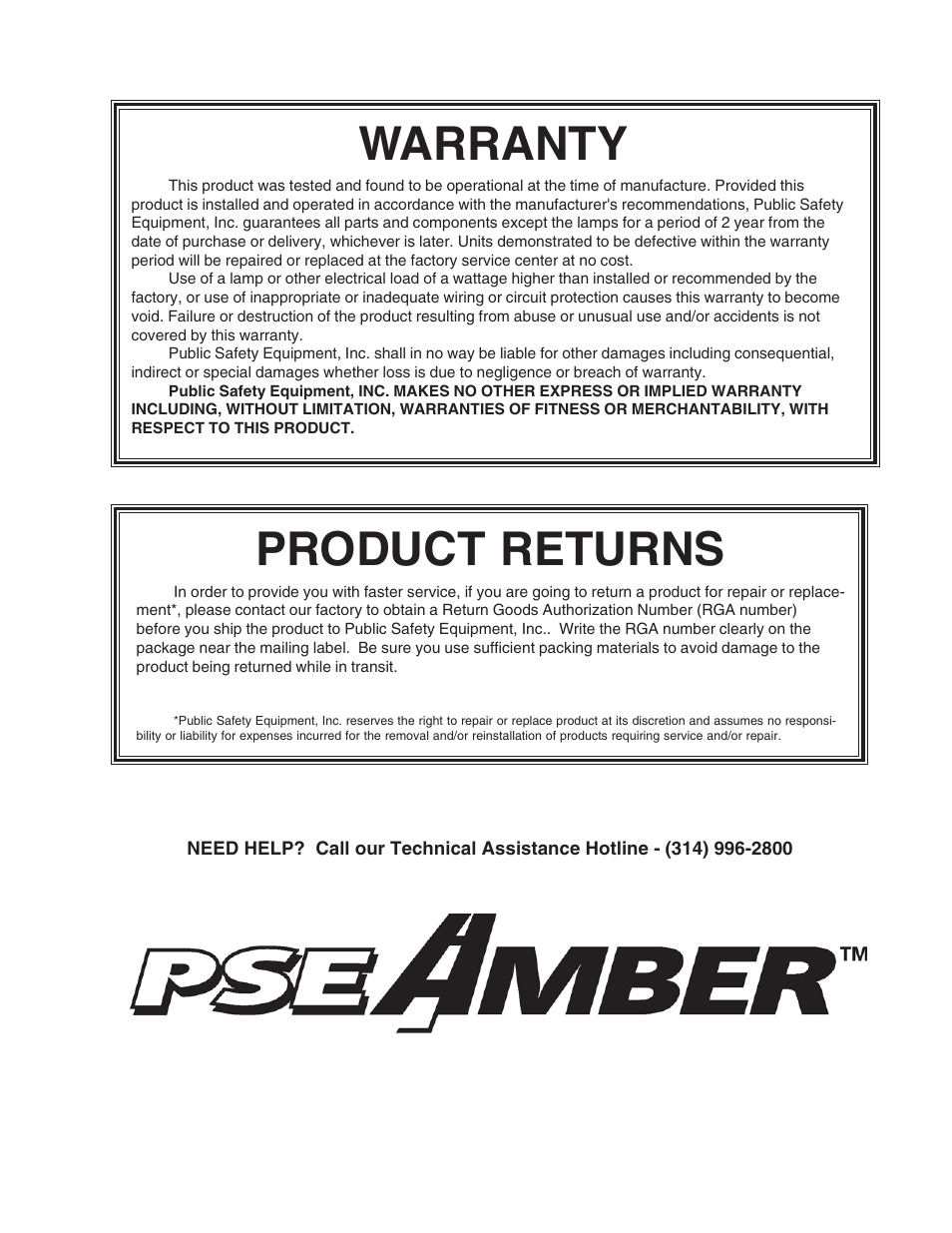 Warranty, Product returns | Code 3 Astro L800, Star LL400, Nova L200 User Manual | Page 8 / 8