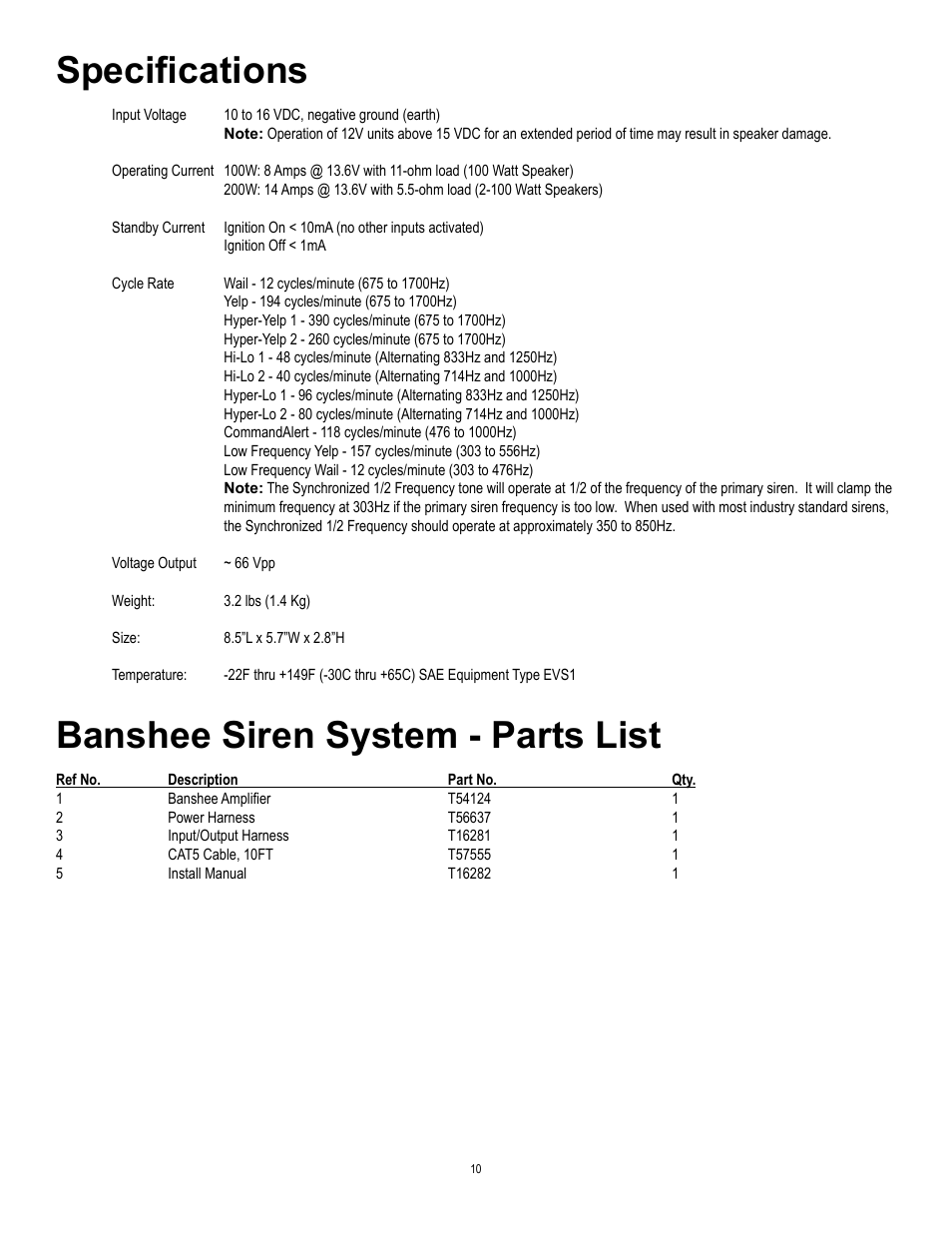 Specifications, Banshee siren system - parts list | Code 3 Banshee User Manual | Page 10 / 12