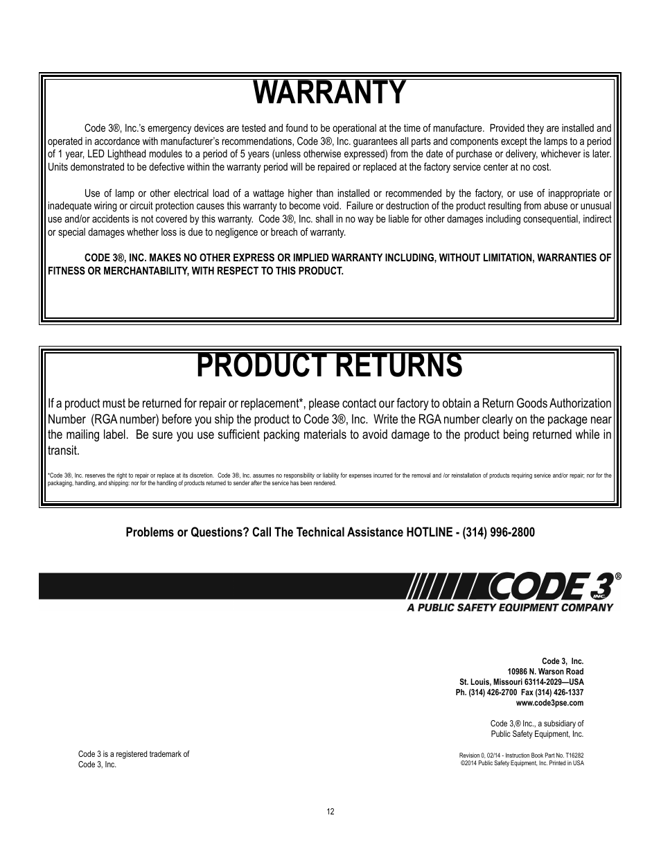 Warranty, Product returns | Code 3 Banshee User Manual | Page 12 / 12