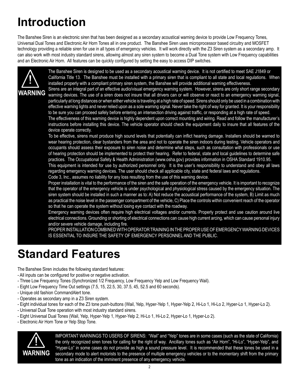 Standard features, Introduction, Warning | Code 3 Banshee User Manual | Page 2 / 12
