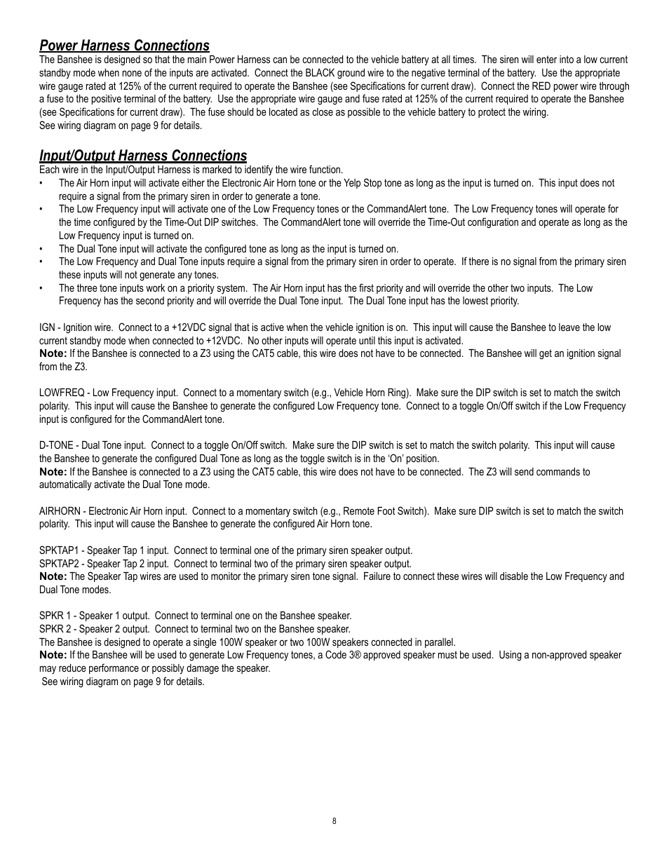 Power harness connections, Input/output harness connections | Code 3 Banshee User Manual | Page 8 / 12