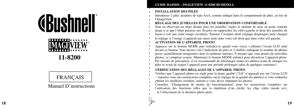 Français, Manuel d’instructions | Bushnell ImageView 11-8200 User Manual | Page 10 / 45