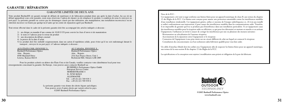 Garantie / réparation | Bushnell ImageView 11-8200 User Manual | Page 16 / 45