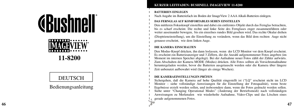 Deutsch, Bedienungsanleitung | Bushnell ImageView 11-8200 User Manual | Page 24 / 45