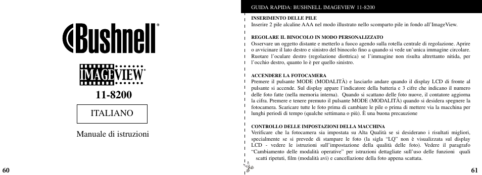 Italiano, Manuale di istruzioni | Bushnell ImageView 11-8200 User Manual | Page 31 / 45