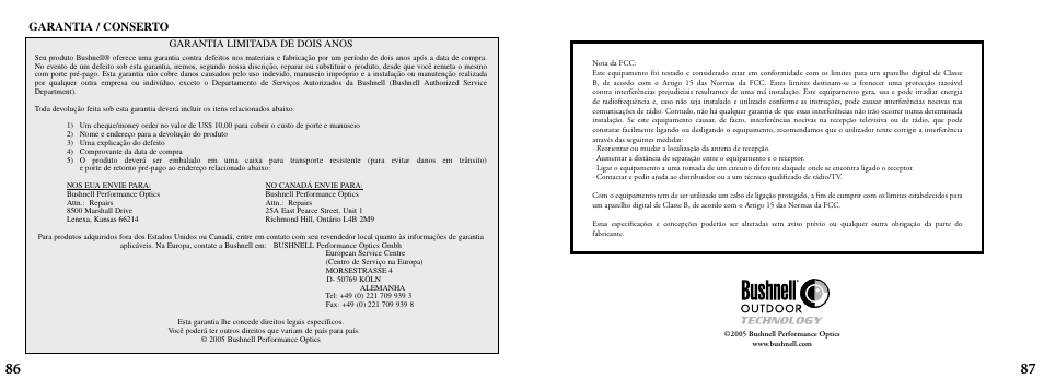 Garantia / conserto | Bushnell ImageView 11-8200 User Manual | Page 44 / 45